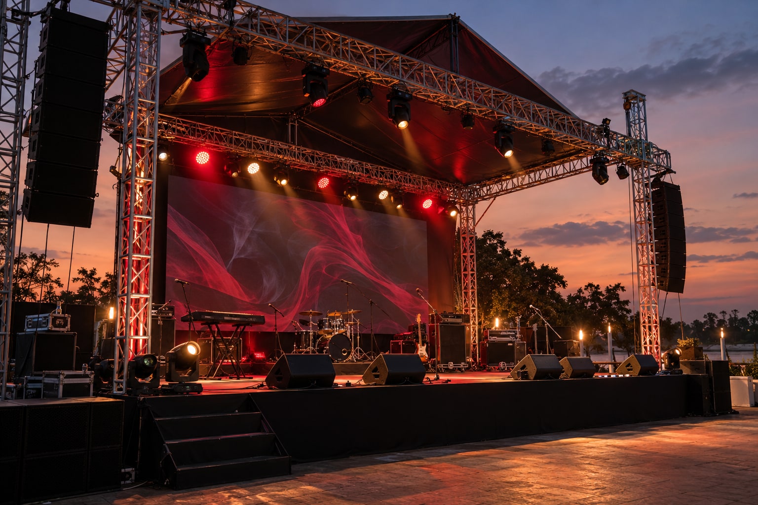 Ilustrasi AI panggung konser dengan rigging, lighting dan sound system