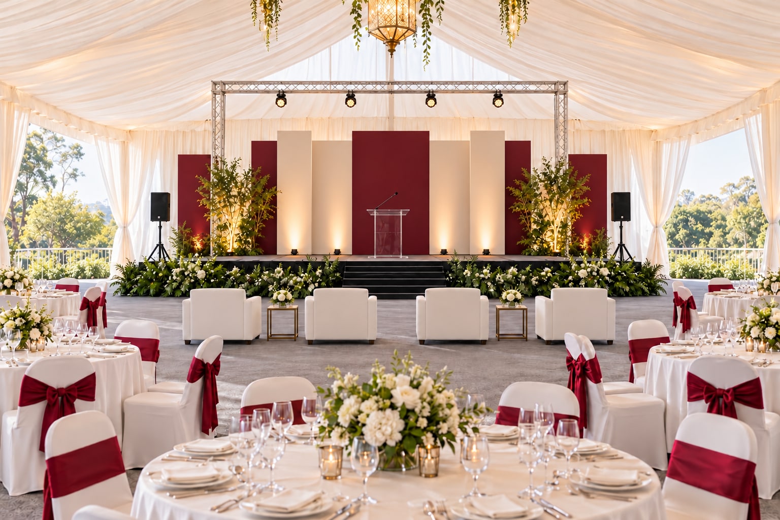 Ilustrasi event perusahaan dengan panggung, backdrop, rigging, sofa VIP single satu dudukan menghadap panggung, meja bundar, kursi bercover dan pita, sound system serta lighting